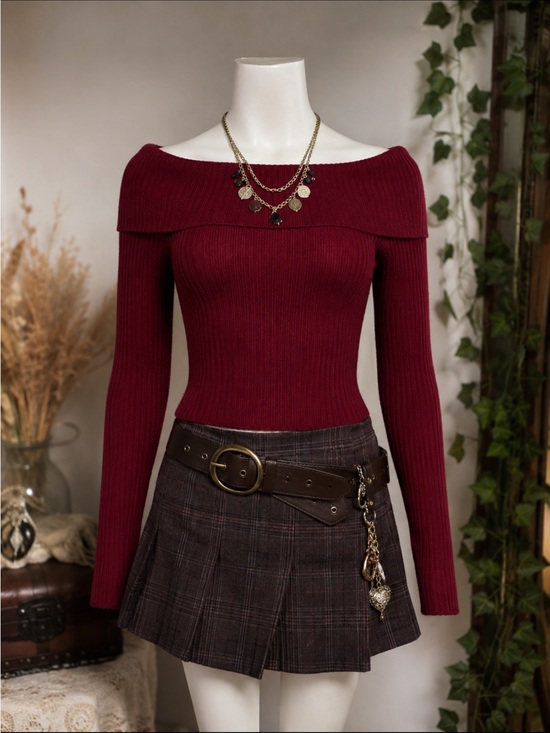 Tops - Burgundy Off-the-Shoulder Ribbed Sweater | Whimsigoth • Boho • Downtown Girl